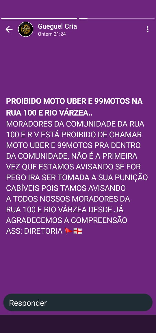 CV teria proibido Moto Uber e 99 em algumas áreas de Itaboraí