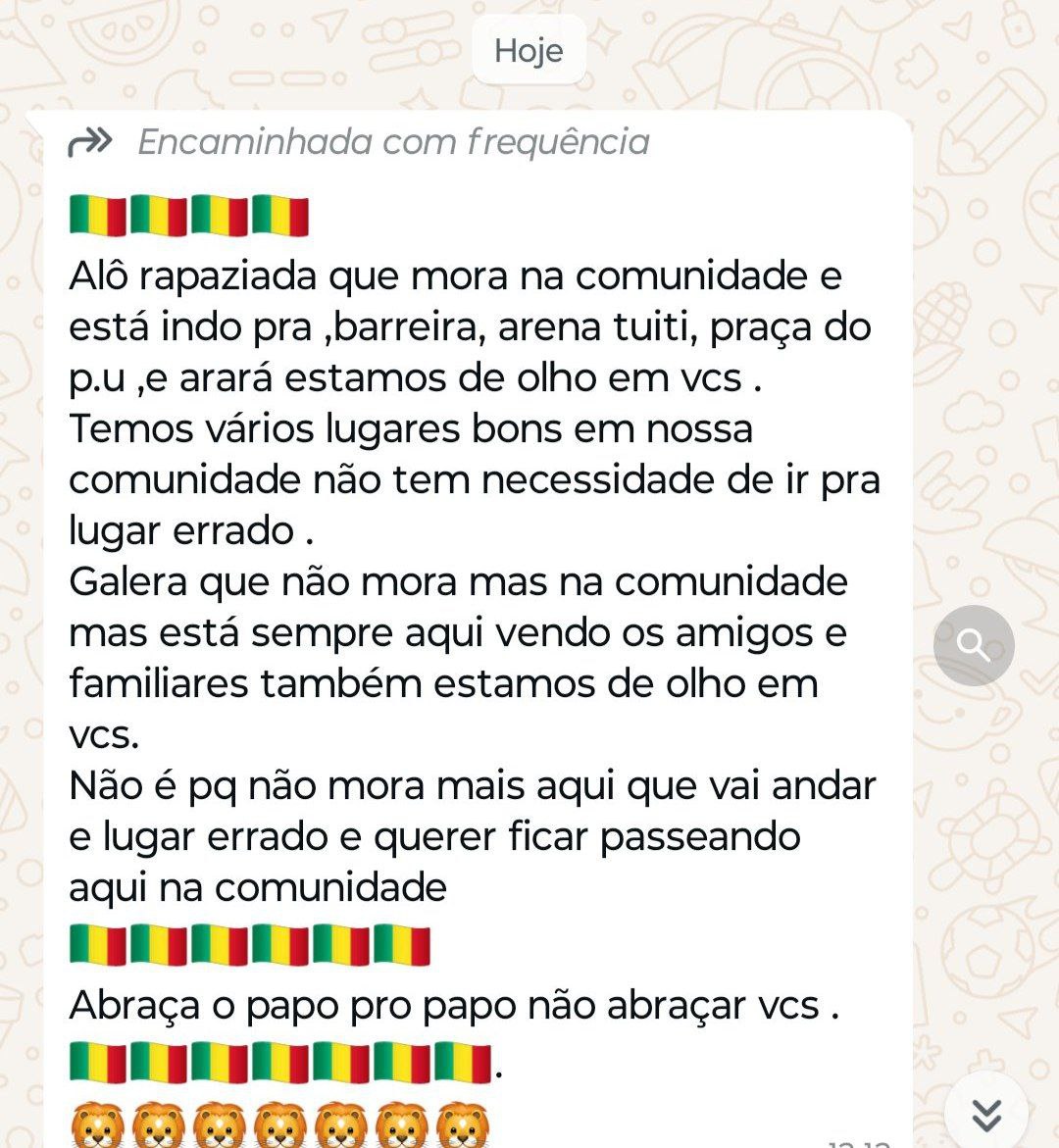 Traficantes do Caju (TCP) intimidam moradores que frequentariam áreas dominadas pelo CV. “Estamos de olho em vocês”